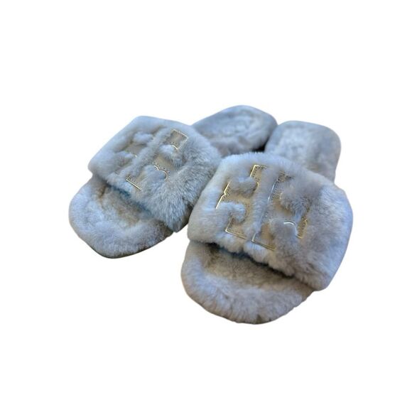 Tory Burch Double T Gray Shearling Slides, Size 7.5 - Picture 2 of 9